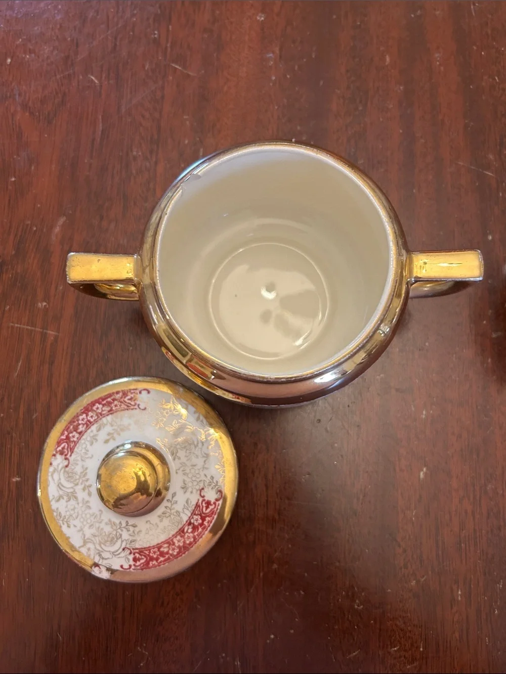Piccadilly Vintage Gold-Trim Red and White Porcelain Sugar & Creamer Set